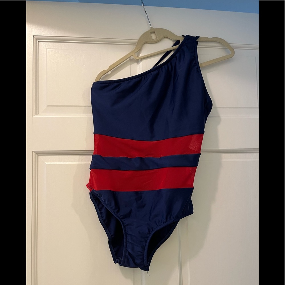 - - - Blue one-piece swimsuit with two wide red mesh stripes, size 12